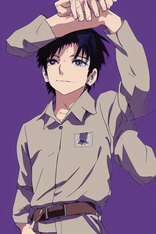 Image similar to portrait of a teen boy wearing a blue and white jumpsuit, brown spiky hair, tan skin, purple eyes, detailed, anime key visual, hisashi hirai