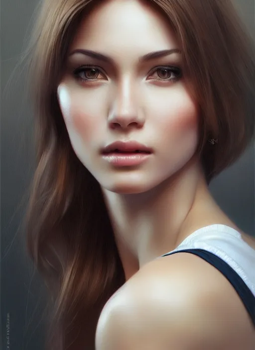 Image similar to photo of a gorgeous young woman in the style of stefan kostic, realistic, sharp focus, 8k high definition, insanely detailed, intricate, elegant, art by stanley lau and artgerm