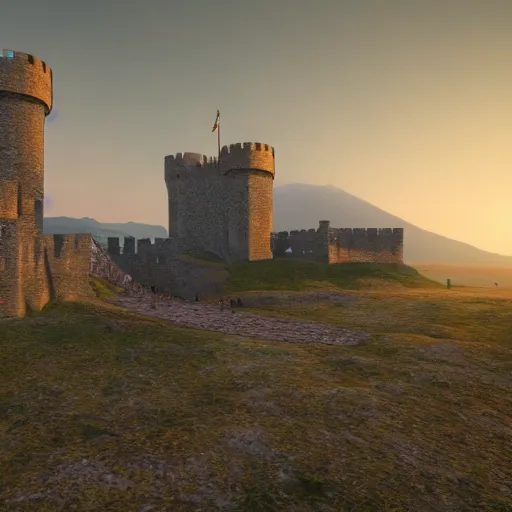 Image similar to Very very beautiful 3D render of a medieval castle at sunset, mountains are in the distance and fog is in the background. There is a detailed beautiful cobblestone bridge in the foreground leading to a huge castle. Cinema 4D, blender, octane, 8k, unreal engine