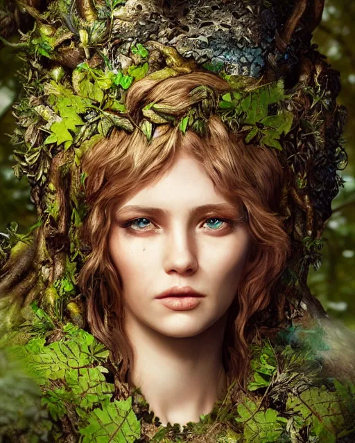 Image similar to portrait high definition photograph female fantasy character art, hyper realistic, pretty face, hyperrealism, iridescence water elemental, snake skin armor forest dryad, woody foliage, 8 k dop dof hdr fantasy character art, by aleski briclot and alexander'hollllow'fedosav and laura zalenga