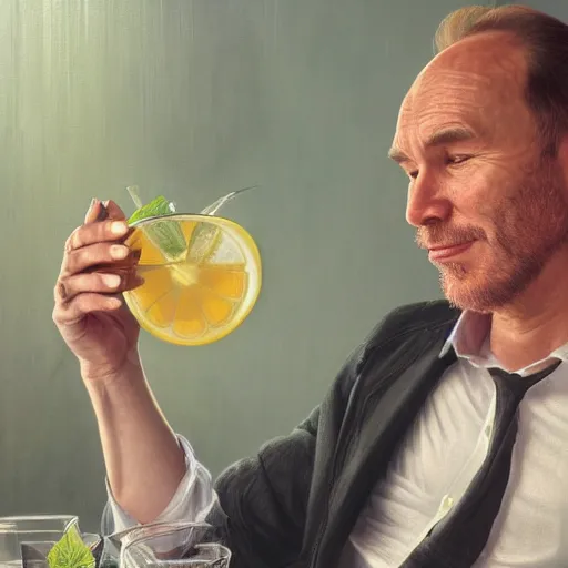 Image similar to portrait painting of tim berners lee drinking a vodka tonic, ultra realistic, concept art, intricate details, serious, highly detailed, photorealistic, octane render, 8 k, unreal engine. art by artgerm and greg rutk owski and alphonse mucha