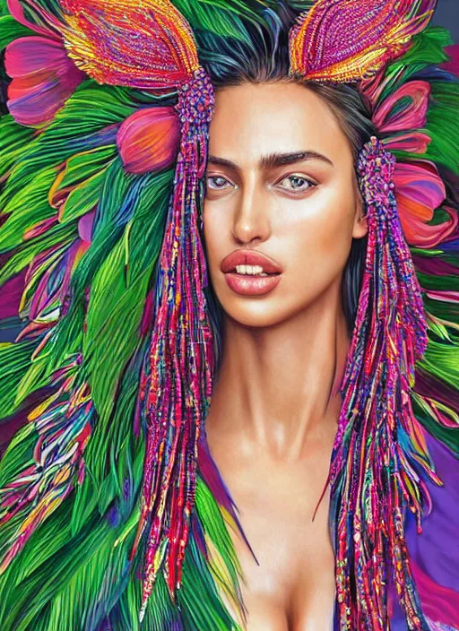 Prompt: beautiful portrait of Irina Shayk wearing fantastic dress,embellished beaded feather decorative fringe knots ,colorful pigtail,subtropical flowers and plants,perfect symmetrica body shape,symmetrical face,intricate,elegant,highly detailed,8k,post-processing,digital painting,harper's bazaar,trending on pinterest,concept art, sharp focus, illustration, by artgerm,Tom Bagshaw,Lawrence Alma-Tadema,greg rutkowski,golden ratio