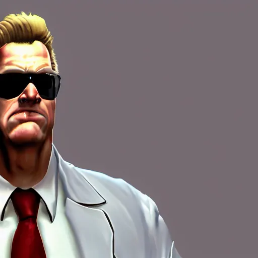 Prompt: Duke Nukem as The American Psycho, staring intensely, Duke Nukem art style, cinematic still