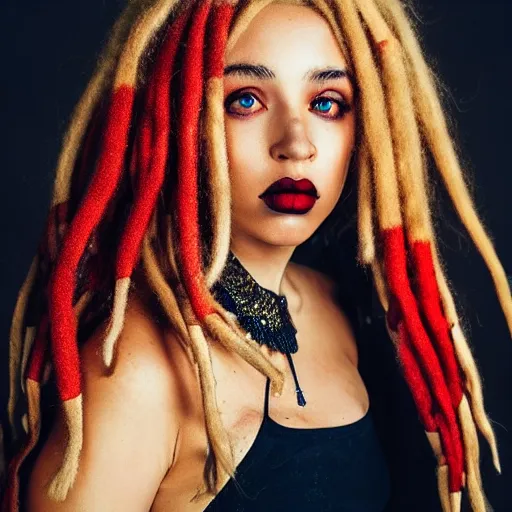 Image similar to instagram modeling headshot photography flawless young beautiful female with blonde and red dreadlocks in a black ballgown, dark, piercing clear eyes, symmetrical golden ration exotic stoic expression, photorealistic, highly detailed, mysterious lighting, smooth, sharp focus, 8 0 mm camera