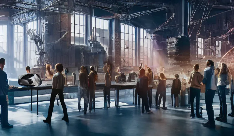 Image similar to group of people in simple warehouse, looking at hologram of futuristic city on a table, cinematic concept art, godrays, golden hour, natural sunlight, 4 k, clear details, tabletop model buildings, center model buildings, hologram center, crane shot, crane shot, crane shot