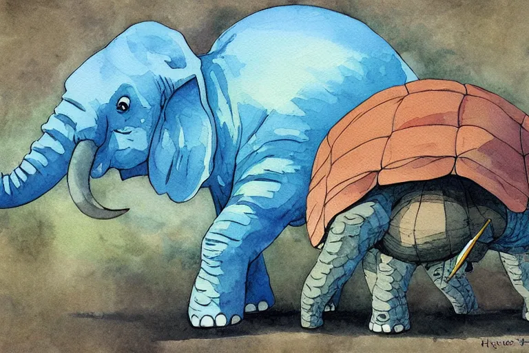 Image similar to giant elephant turtle, painting, watercolor, concept art, studio ghibli, by hayao miyazaki