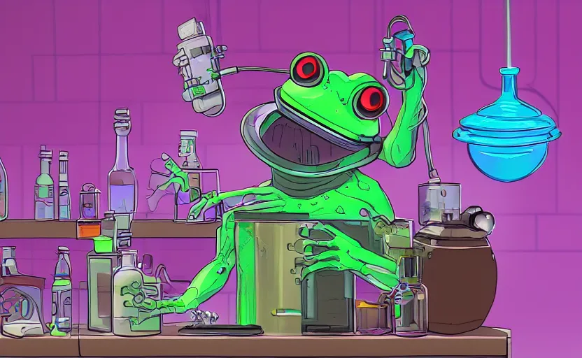 Prompt: an evil cyberpunk frog doctor making a poisonous drink in his alchemist laboratory, synthwave art trending on artstation