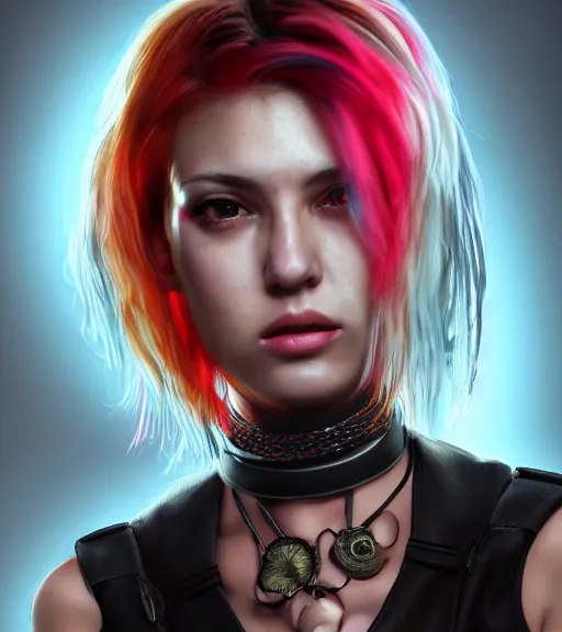 Image similar to detailed realistic female character cyberpunk wearing thick steel collar around neck, realistic, art, beautiful, 4K, collar, choker, collar around neck, punk, artstation, detailed, female, woman, choker, cyberpunk, neon, punk, collar, choker, collar around neck, thick collar, tight around neck, punk,