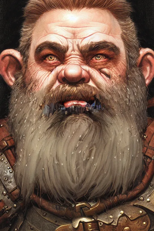 Image similar to head and shoulders portrait of a dwarf adventurer, mouth scar, grandfatherly, veteran, leather armor, male, high fantasy, d & d, by donato giancola, face details, extremely detailed, digital illustration