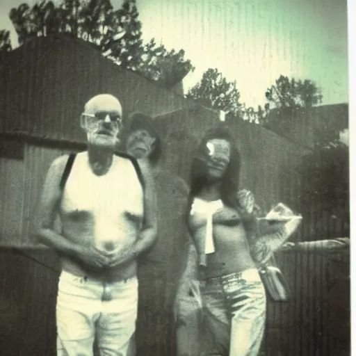 Prompt: found polaroid photo of trash humpers in the trailer park