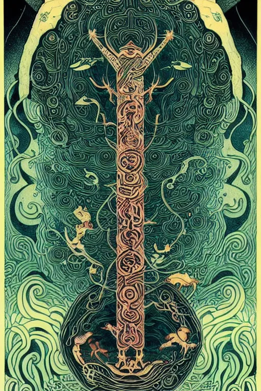 Image similar to tattoo design for the forest of awareness, strange creatures and ancient runes, tibetan calligraphy, by kilian eng and victo ngai and james jean