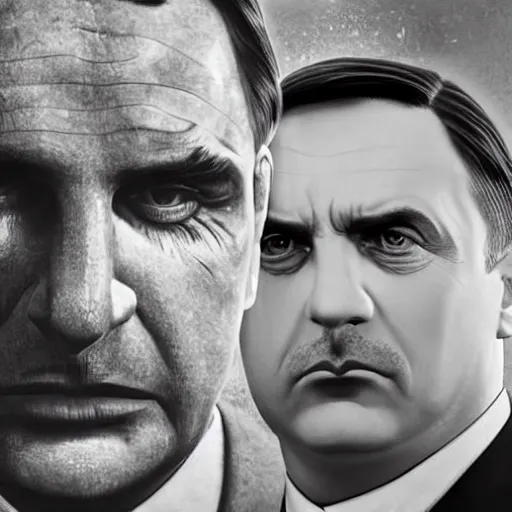 Prompt: hyperrealistic mixed media image of Jair bolsonaro and Adolph Hitler, stunning 3d render inspired art by István Sándorfi and Greg Rutkowski, perfect facial symmetry, realistic, highly detailed attributes and atmosphere, dim volumetric cinematic lighting, 8k octane extremely hyper-detailed render, post-processing, masterpiece,