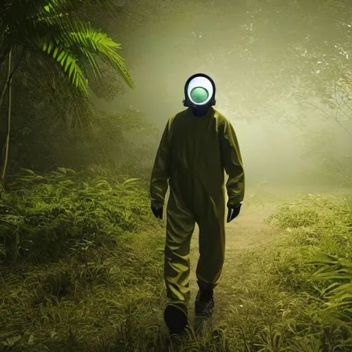 Prompt: a man wearing a hazmat suit and gasmask, walking through a lush jungle, unreal engine 5, ray traced, god rays, extremely high detail