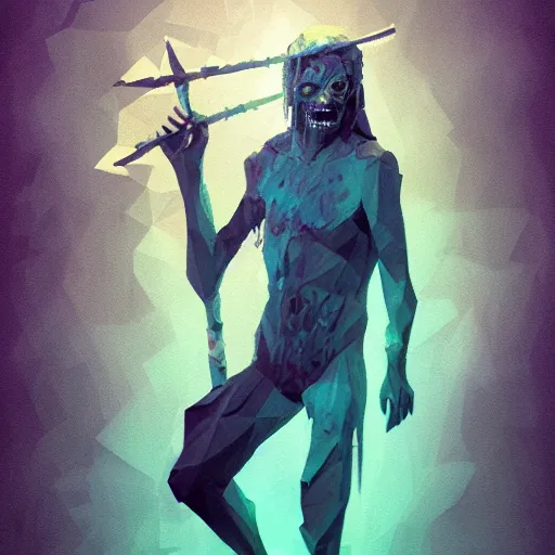 Image similar to low poly painting by greg rutkowski of a drowned zombie holding a trident with glowing cyan eyes, wearing ragged clothing, holding a trident, underwater, pastel green and blue color palette