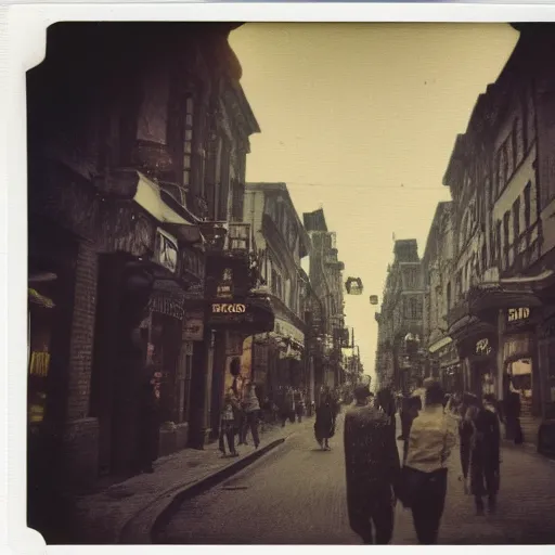 Image similar to a street level Polaroid of a steampunk city street, with people walking on the streets, at night