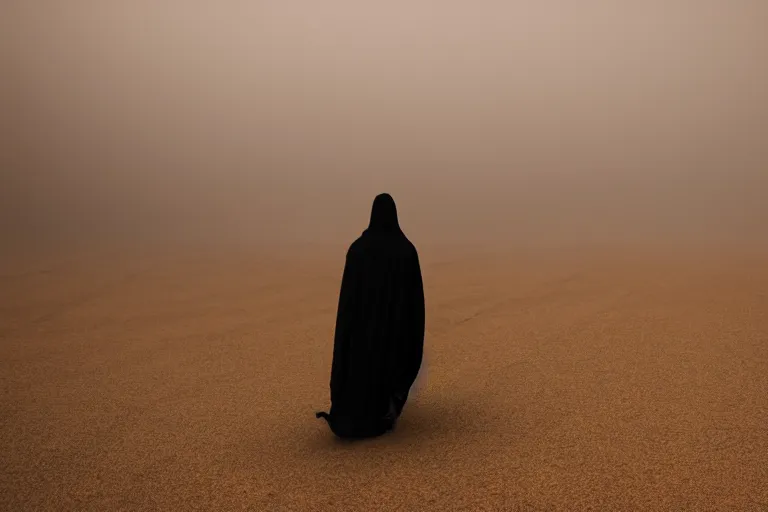 Prompt: mysterious figure in striking cloak walking through sandstorm in desolate desert, buried city, global illumination, hyper - realistic, insanely detailed and intricate, cinematic 8 k