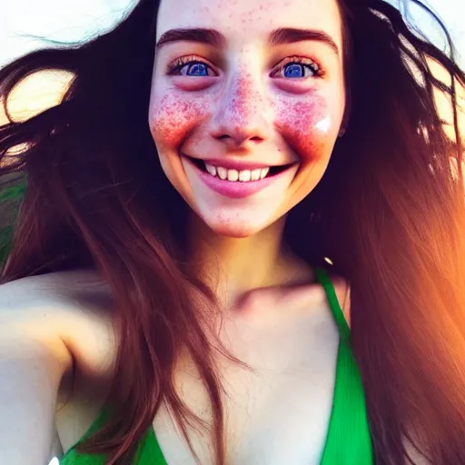 Image similar to beautiful hyperrealism selfie of a cute young woman smiling softly, long light bronze brown hair, cute freckles, flushed face, red blush, small heart - shaped face, soft features, emerald green eyes, golden hour, 8 k, sharp focus, instagram