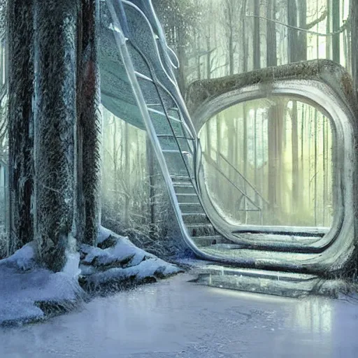 Image similar to stairs leading to a frozen derelict portal in a middle of a snowy lush futuristic forest, green lush world seen only through a portal, daylight, cinematic lighting, blue sky, syd mead, john harris
