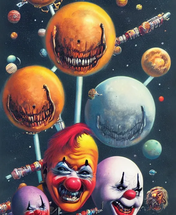 Image similar to illustration of Killer Klowns from Outer Space, Les Edwards poster art, detailed