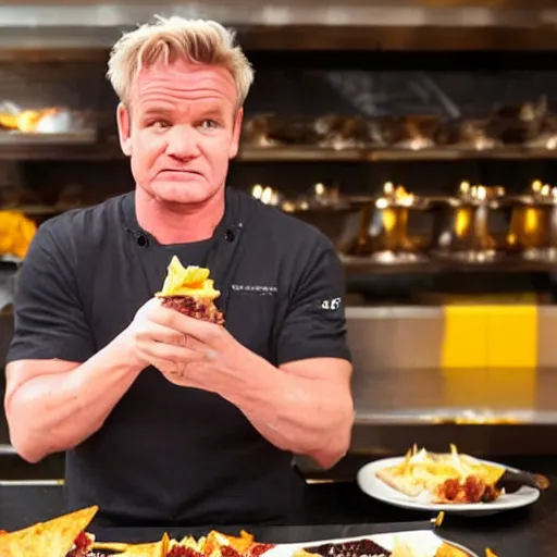 Prompt: Gordon Ramsey reacting to very very extremely delicious nachos expertly arranged and presented