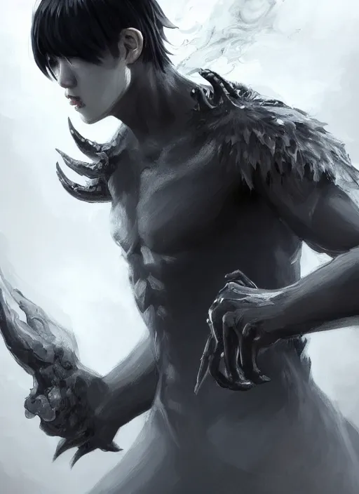 Image similar to a highly detailed illustration of fierce korean man with bowl cut black hair wearing tie with giant black claws, wielding giant black fog claws pose, foggy lovecraftian black mist surrounding background, perfect face, intricate, elegant, highly detailed, centered, digital painting, artstation, concept art, smooth, sharp focus, league of legends concept art, wlop.