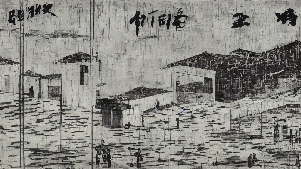 Image similar to a chinese prison near a river by peter doig, shades of grey, overlaid with chinese adverts