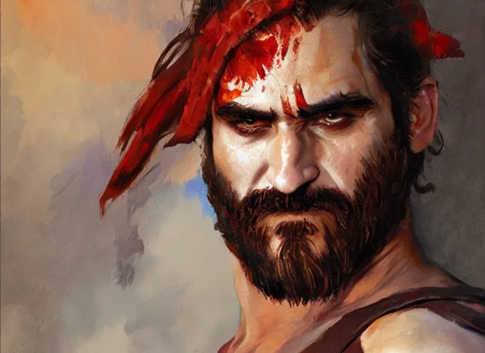 Image similar to a highly detailed beautiful portrait of joaquin phoenix as kratos, by gregory manchess, james gurney, james jean