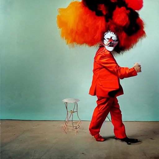 Prompt: capitalist clown, annie lebowitz photography