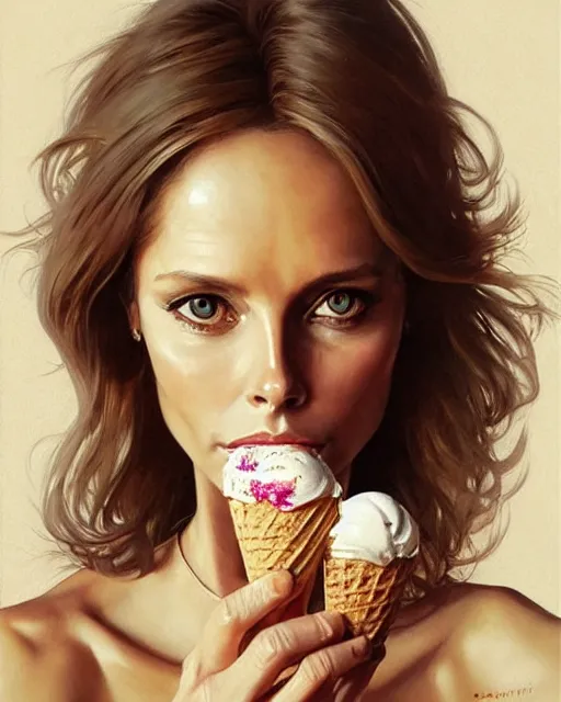 Prompt: Portrait of Barbara Bach from the bond film eating ice creams in Porto,real life skin, intricate, elegant, highly detailed, artstation, concept art, smooth, sharp focus, art by artgerm and greg rutkowski and alphonse mucha