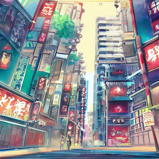 Image similar to anime style concept art of magical tokyo city, thick painting