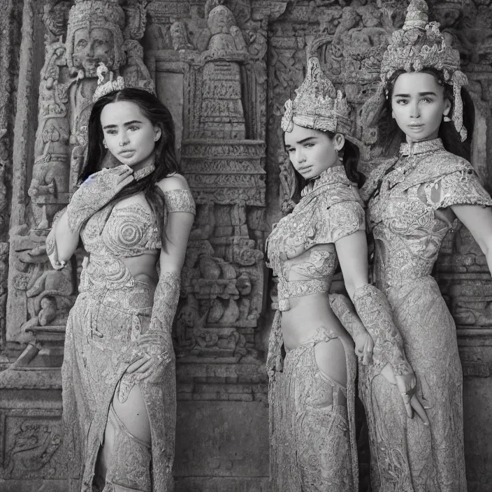 Image similar to photograph of a bas relief of demi rose and emilia clarke wearing kebaya found in an ancient hindu temple, by charlotte grimm, natural light, detailed face, canon eos c 3 0 0, ƒ 1. 8, 3 5 mm, 8 k, medium - format print, half body shot
