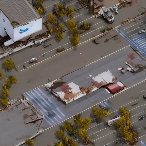 Image similar to top down aerial view of dilapidated gas - station with supermarket and shopping street in real life, desolate with zombies, dilapidated, zombies in the streets, nightmarish, some rusted style parked vehicles, sunny weather, few clouds, volumetric lighting, photorealistic, daytime, autumn, sharp focus, ultra detailed, cgsociety