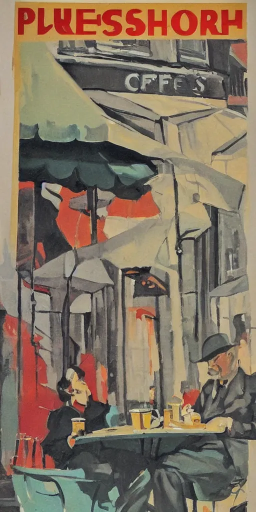 Prompt: A 1950’s poster of a a French artist painting plein air at a coffee shop on street in Paris in art deco style