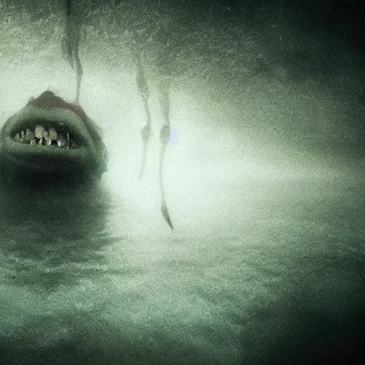 Image similar to sea monster about to eat pov underwater, pale skin, dark yellowish water, foggy water, dark, dramatic,'silent hill ', big eyes, alluring and terrifying, cinematic