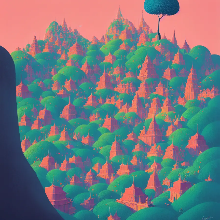 Image similar to ( ( ( gediminas pranckevicius ) ) ), wat bukit perak, summer morning, very coherent and colorful high contrast art by james gilleard floralpunk screen printing woodblock, dark shadows, pastel color, hard lighting