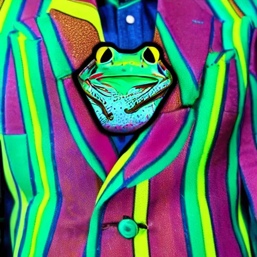 Prompt: frog rave pin on a suit jacket, psychedelic colours beautiful reflections