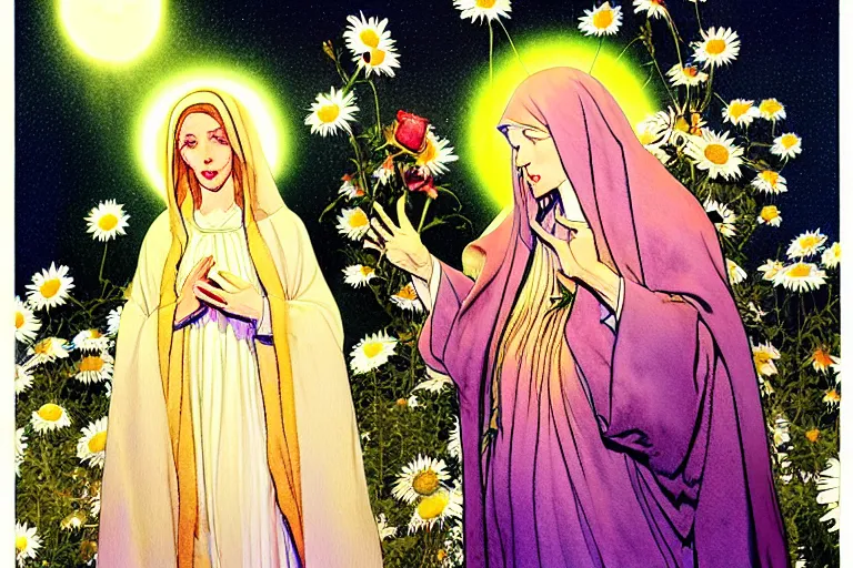 Image similar to a hyperrealist watercolour character concept art portrait of the blessed mother mary on well lit night in las vegas, nevada. there is a ufo. roses and daisies adorn. by rebecca guay, michael kaluta, charles vess and jean moebius giraud