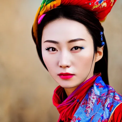 Prompt: photo portrait of chinese actress, beauty in traditional costume in real life by Steve McCurry, colorful, sharpen, 4k, 85mm, award winning, realistic