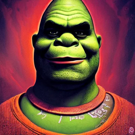 Image similar to lofi portrait of shrek as the doom slayer, demons, hell, pixar style, by tristan eaton stanley artgerm and tom bagshaw.