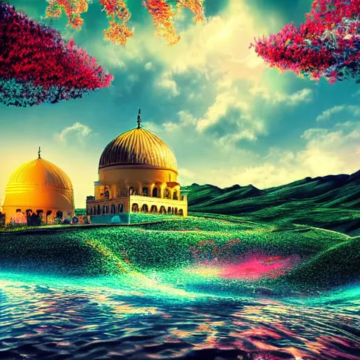 Image similar to muslim and paradise digital art beautiful landscape 4 k quality super realistic