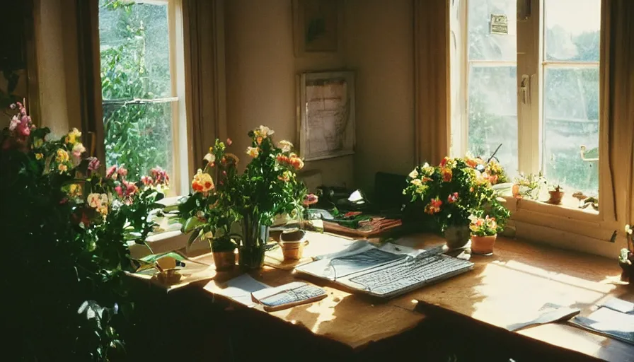 Prompt: 1 9 9 0 s candid 3 5 mm photo of a beautiful day in the a dreamy flowery cottage, cinematic lighting, cinematic look, golden hour, a desk for flower arrangements has sun shinning on it through a window, uhd