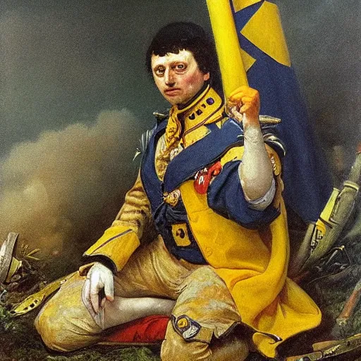 Image similar to Volodymyr Zelensky at war, dressed like Napoleon Bonaparte, sitting on the ground between dead corpses and weeping, holding a half burnt blue and yellow flag of Ukraine, in the style of Anne-Louis Girodet