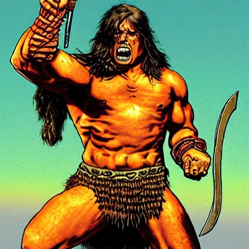 Image similar to barbarian warrior holding sword. Artwork by Richard Corben