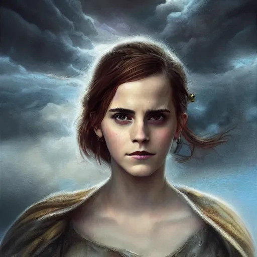 Image similar to emma watson bowing before a hurricane, summoning a storm to wipe louisiana off the map, dramatic sorcery, stormcaller, art by tom bagshaw