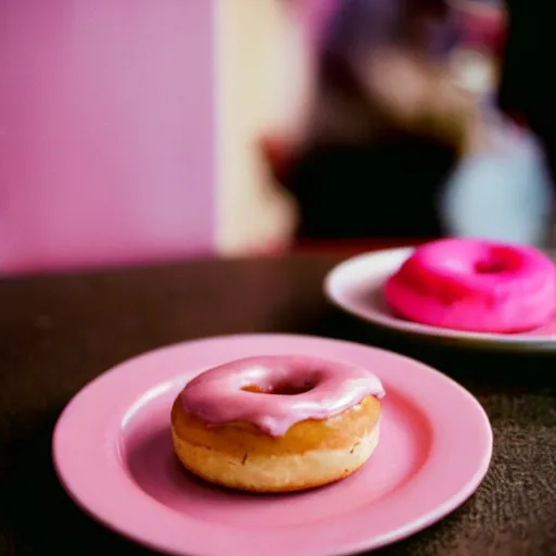 Prompt: a donut, pink frosting, on a plate in a busy diner, cinestill 800