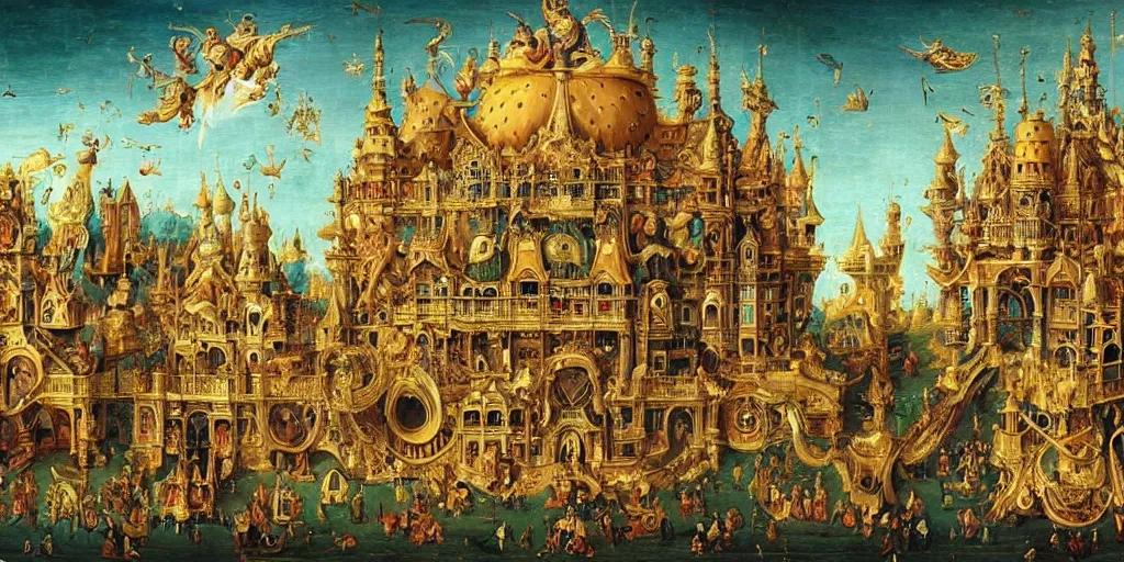 Image similar to beautiful!!!!! ornate heavenly!!!!!!!! gold rococo megastructure in the style of heironymus bosch, colorful intricate masterpiece, hyper detailed, hd