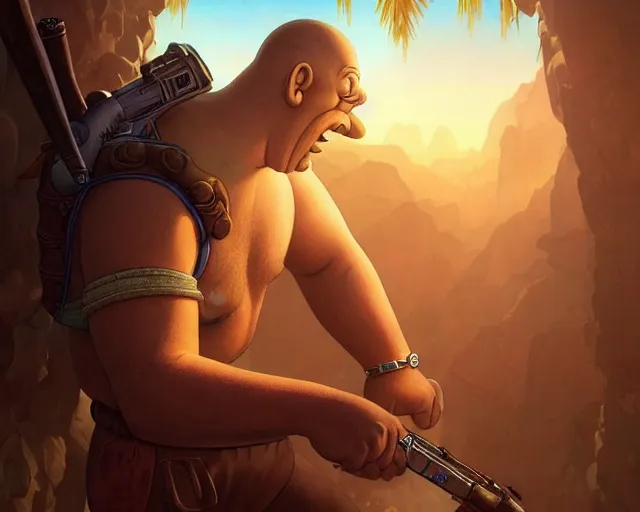 Prompt: a epic cinematic gaming screenshot portrait of homer simpson as main character from uncharted, deep focus, adventure, fantasy, intricate, elegant, highly detailed, digital painting, artstation, concept art, matte, sharp focus, illustration, fantasy style art, art by artgerm and greg rutkowski, matt groening and alphonse mucha