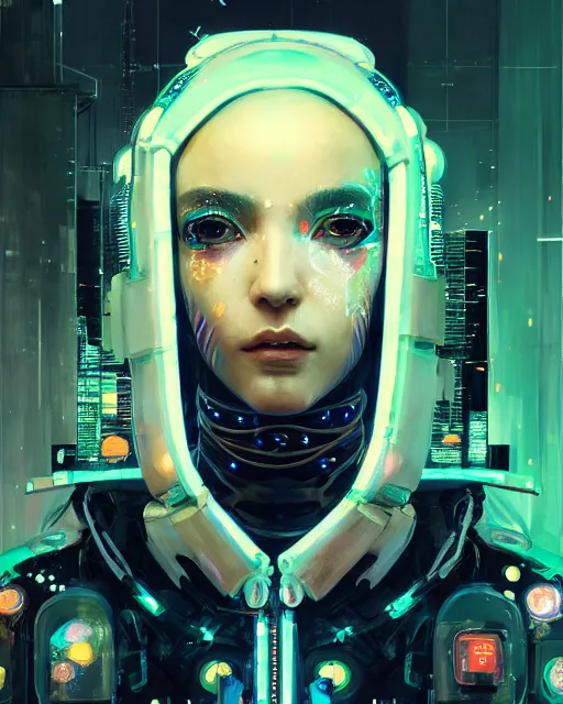 Image similar to detailed portrait cybernetic woman, cyberpunk futuristic neon, reflective puffy coat, decorated with traditional japanese ornaments by ismail inceoglu dragan bibin hans thoma greg rutkowski alexandros pyromallis nekro rene maritte illustrated, perfect face, fine details, realistic shaded, fine - face, pretty face