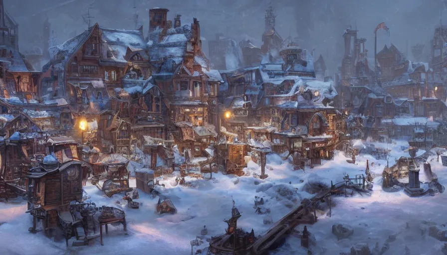 Prompt: steampunk village under lot of snow, hyperdetailed, artstation, cgsociety, 8k