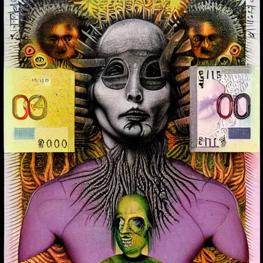 Image similar to post - punk new age album cover, asymmetrical design, frame of a dollar bank notes, capitalism, magic, apocalypse, psychedelic, black white pink, magic, giger h. r., giuseppe arcimboldo